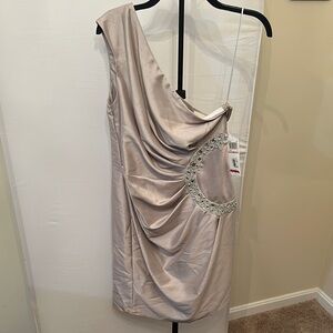 London Times Tan Gold Asymmetrical Ruched Cocktail Dress